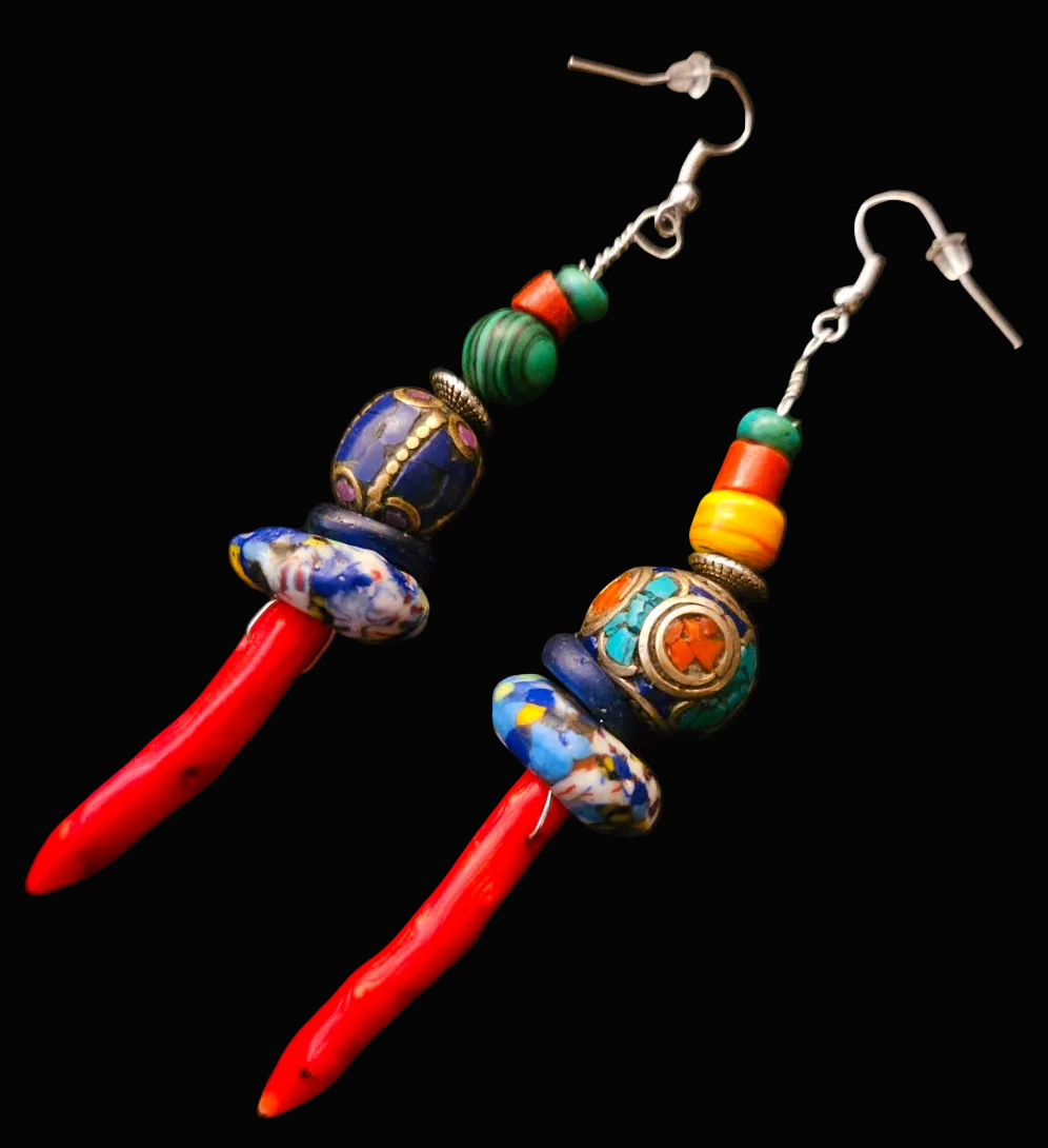 Red Branch Coral & Mixed Tribal Bead XL Pierced Statement Earrings