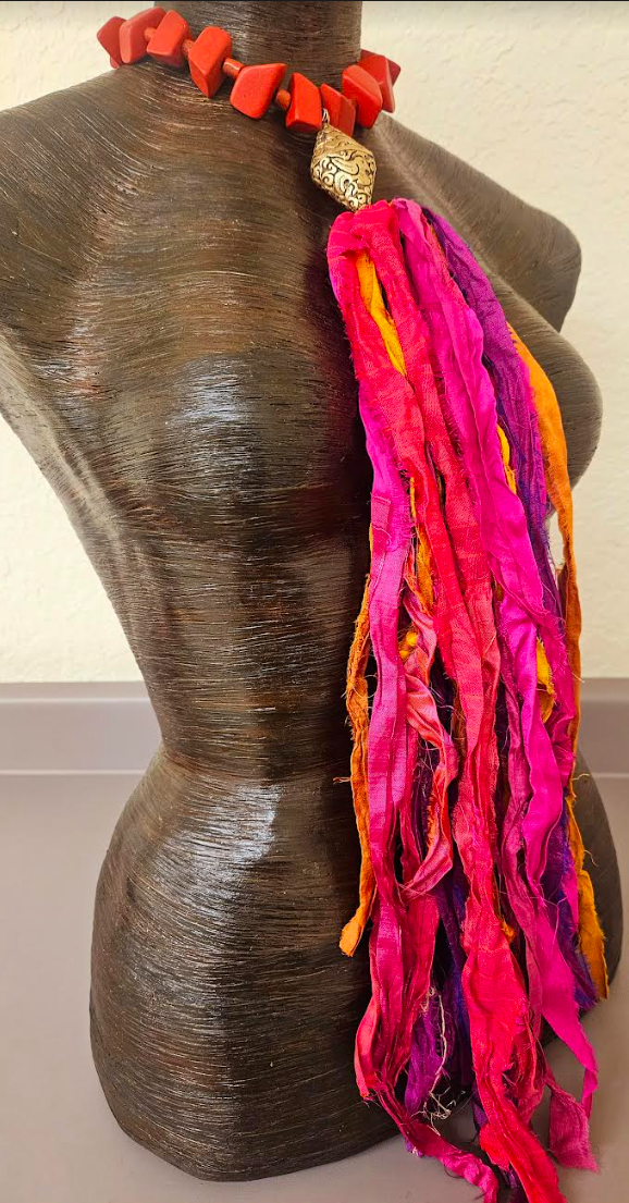 Distressed Sari Silk Ribbon Beaded Chest Piece - Textile and Wood