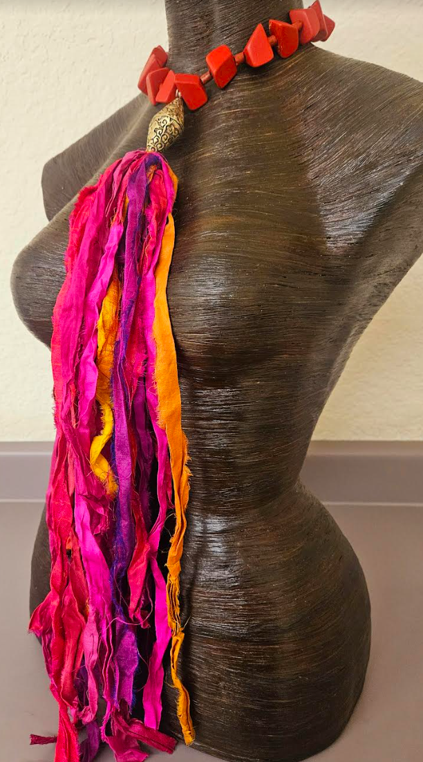 Distressed Sari Silk Ribbon Beaded Chest Piece - Textile and Wood