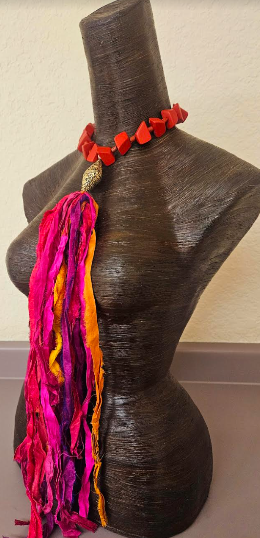 Distressed Sari Silk Ribbon Beaded Chest Piece - Textile and Wood