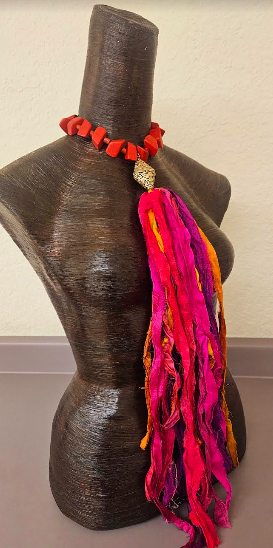 Distressed Sari Silk Ribbon Beaded Chest Piece - Textile and Wood