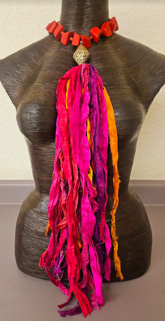 Distressed Sari Silk Ribbon Beaded Chest Piece - Textile and Wood