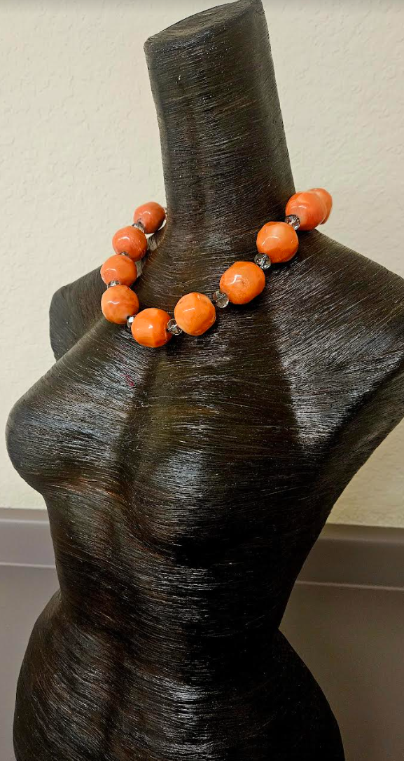 Bold Chunky & Heavy Orange Round Coral Beaded Statement Luxury Necklac