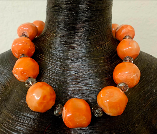 Bold Chunky & Heavy Orange Round Coral Beaded Statement Necklace - Luxe