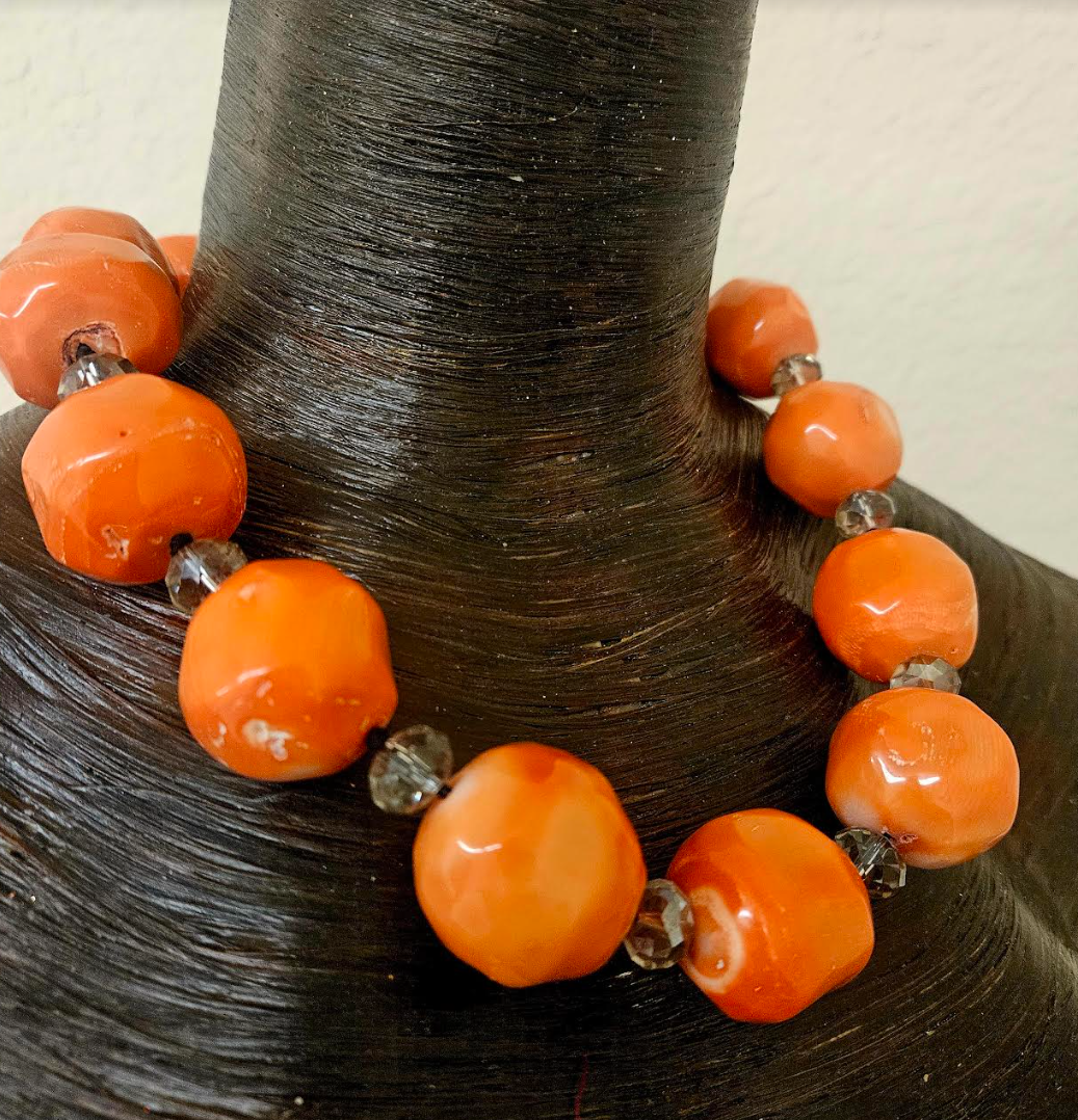 Bold Chunky & Heavy Orange Round Coral Beaded Statement Necklace - Luxe