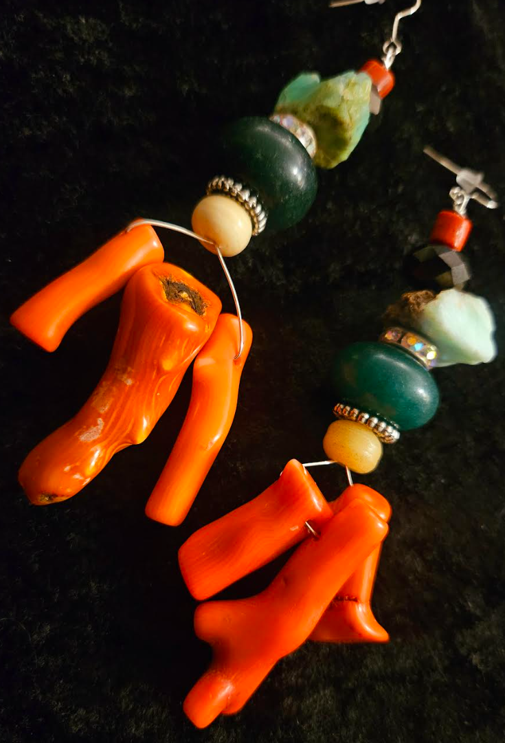 Orange Branch Coral and Gemstone Long Pierced Statement Earrings Sho