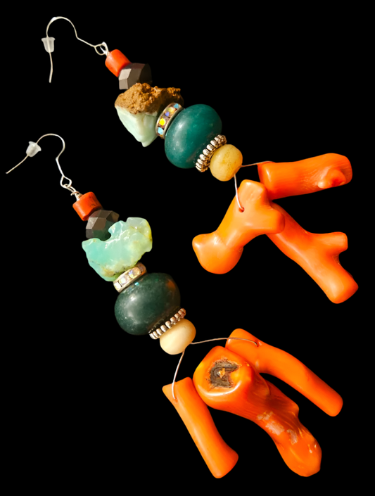 Orange Branch Coral and Gemstone Long Pierced Statement Earrings Sho