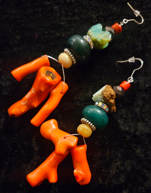 Orange Branch Coral and Gemstone Long Pierced Statement Earrings Sho