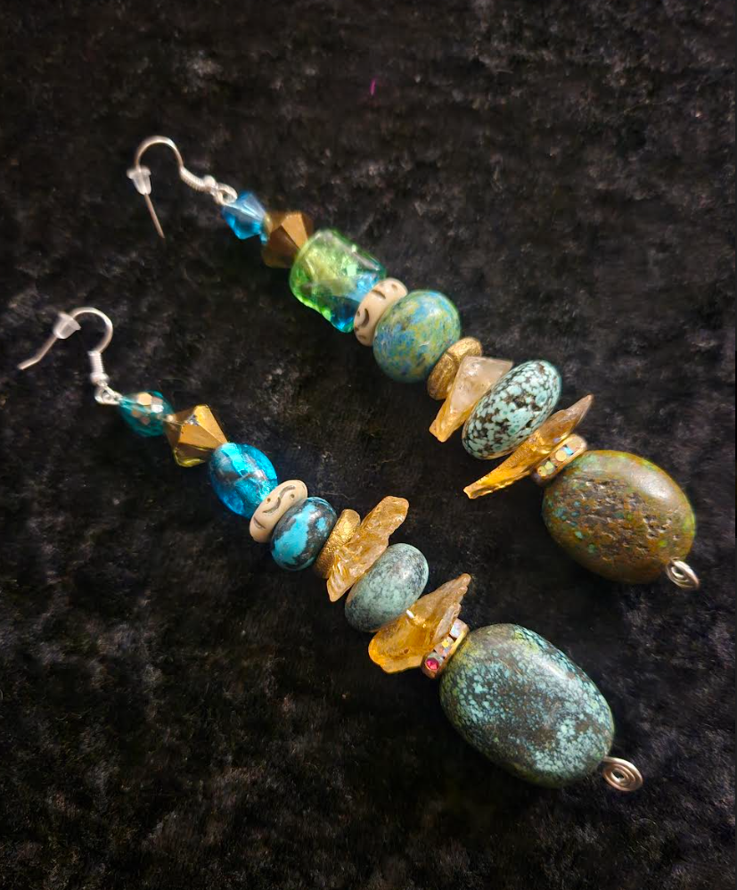 Hubei Turquoise and Gemstone Long Drop Pierced Statement Earrings Bl