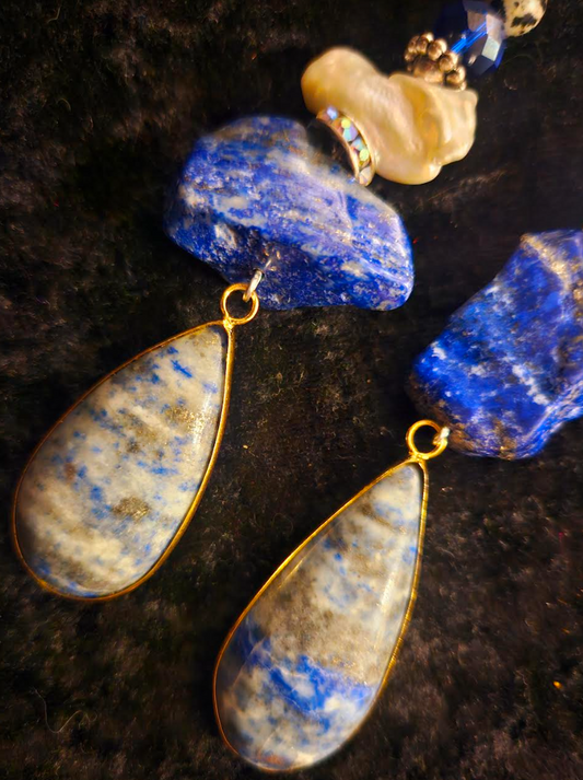 Lapis Lazuli and Freshwater Pearl Shoulder Dusters Exotic Blue &