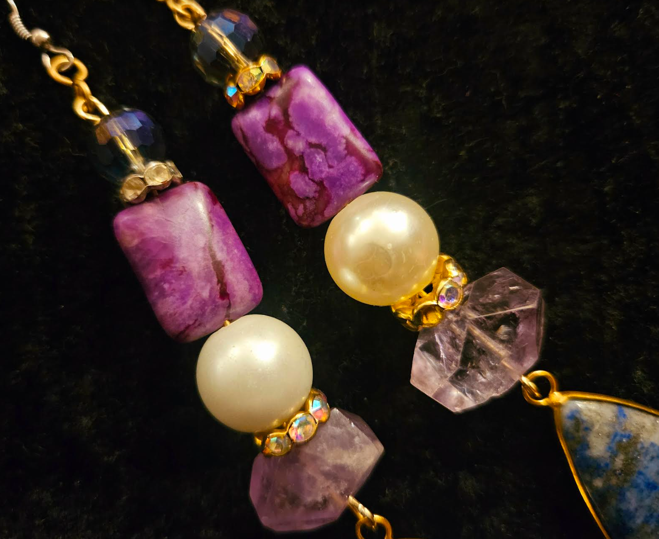 Long Lapis Lazuli and Amethyst Shoulder Duster Statement Earrings Bl