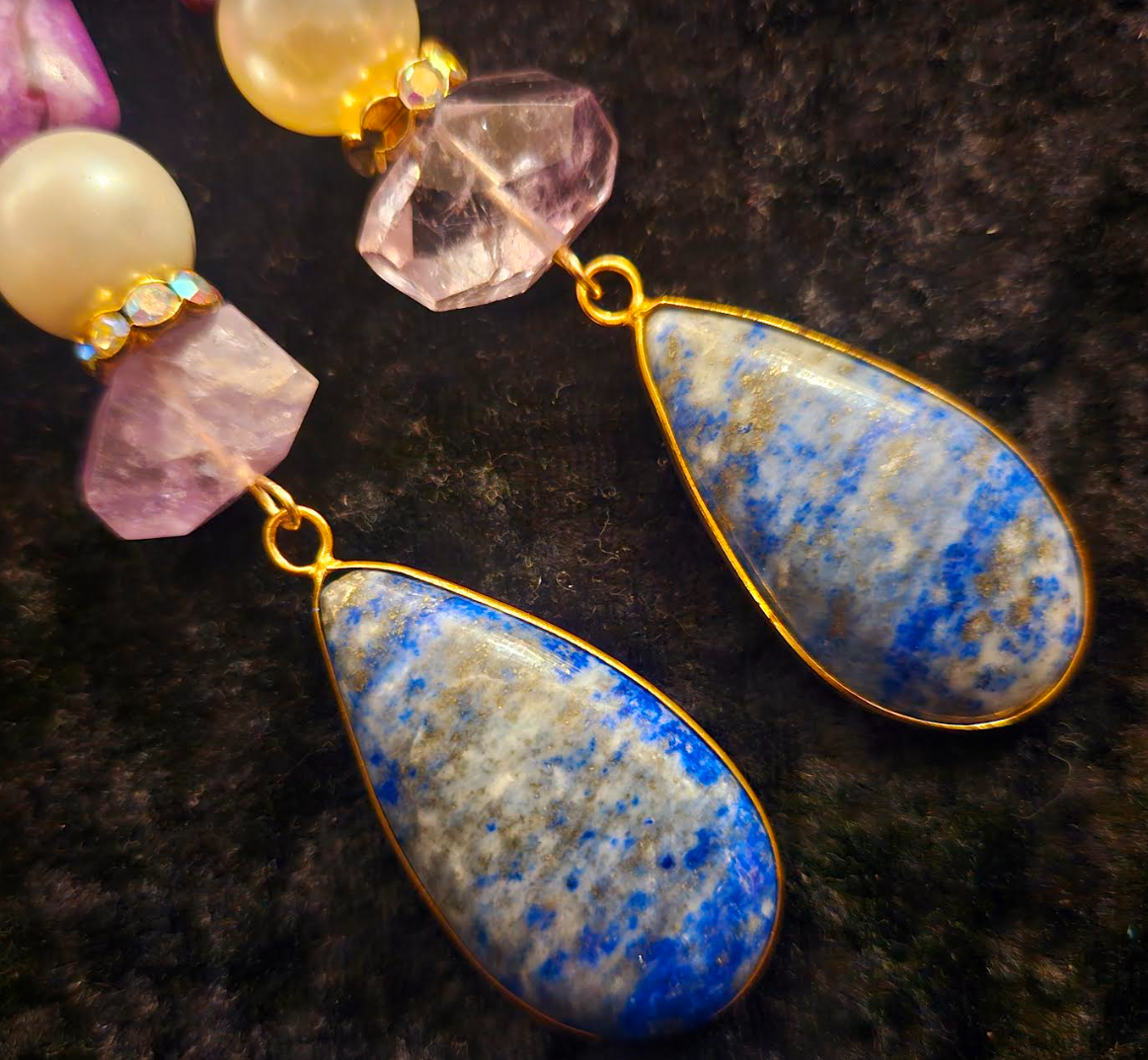 Long Lapis Lazuli and Amethyst Shoulder Duster Statement Earrings Bl