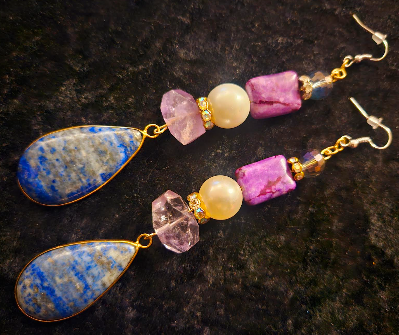 Long Lapis Lazuli and Amethyst Shoulder Duster Statement Earrings Bl