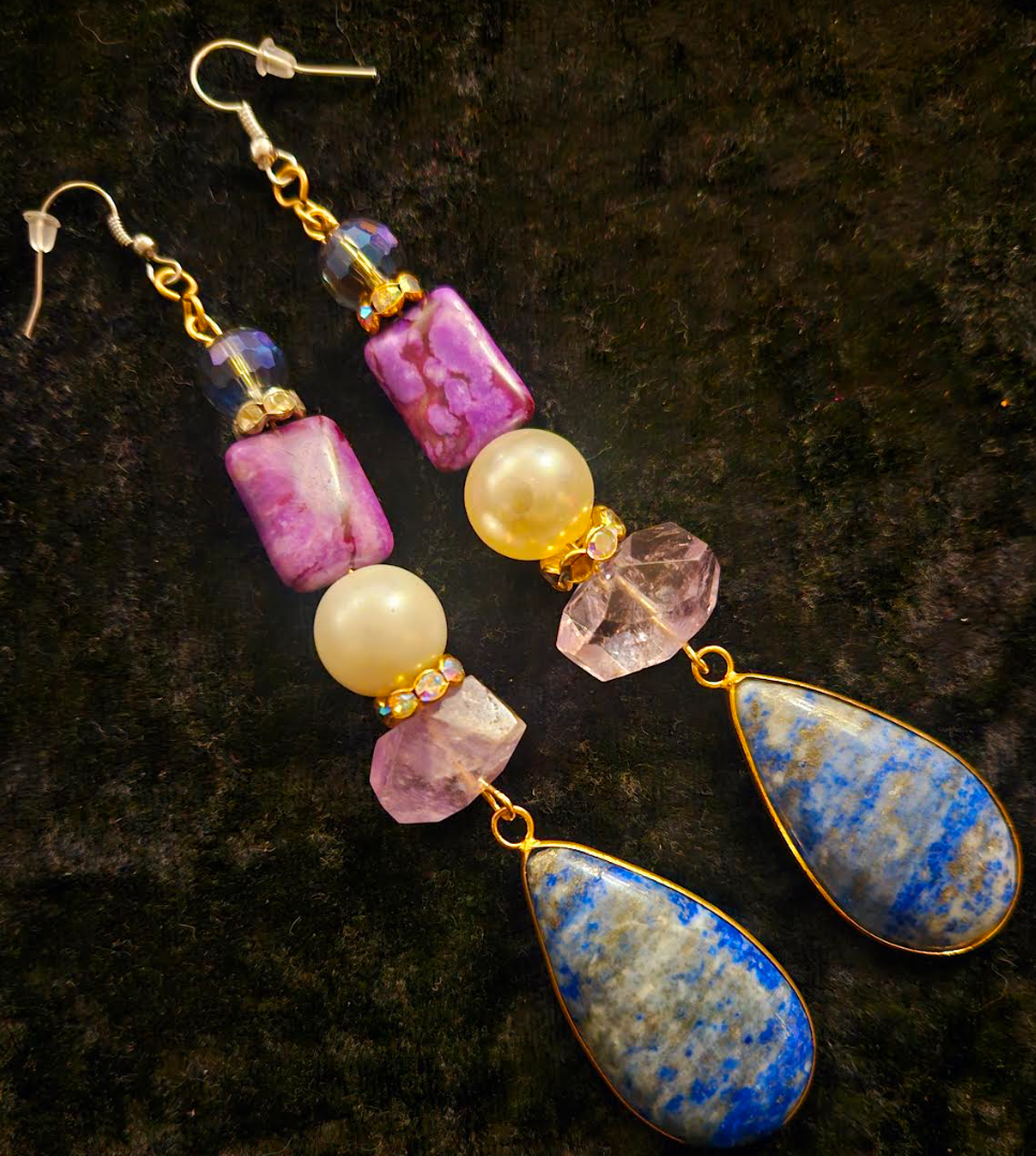 Long Lapis Lazuli and Amethyst Shoulder Duster Statement Earrings Bl