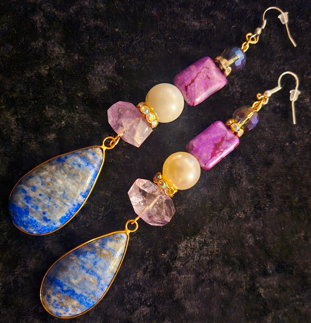 Long Lapis Lazuli and Amethyst Shoulder Duster Statement Earrings Bl