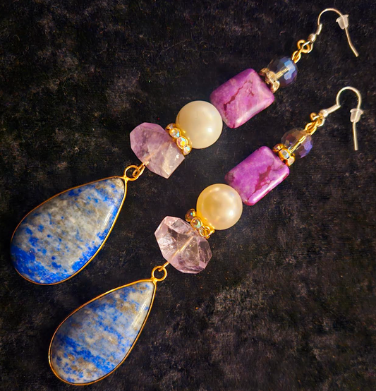 Long Lapis Lazuli and Amethyst Shoulder Duster Statement Earrings Bl