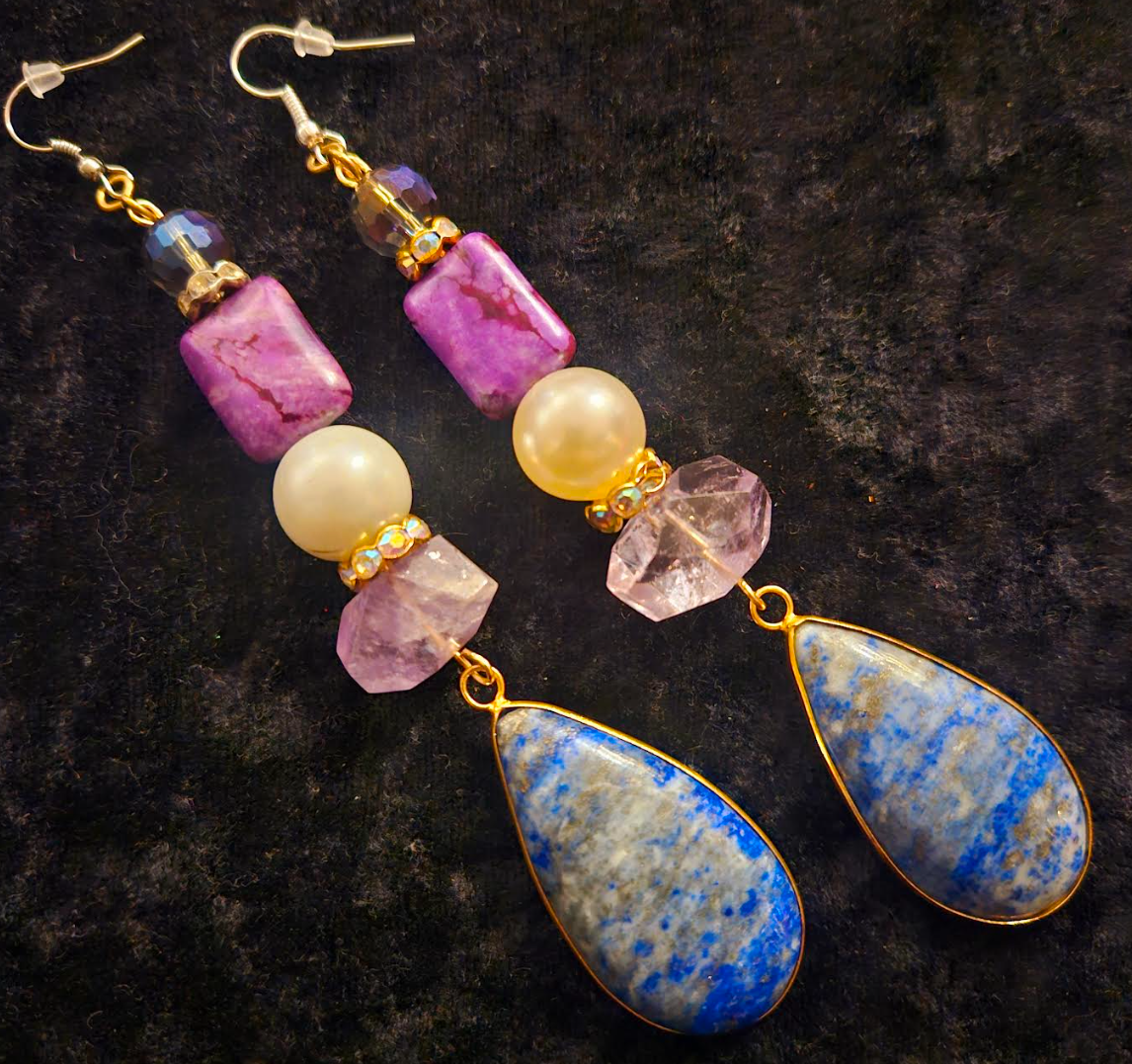 Long Lapis Lazuli and Amethyst Shoulder Duster Statement Earrings Bl