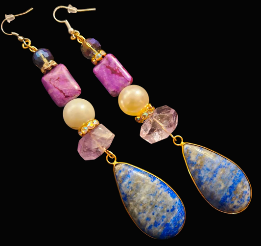 Lapis Lazuli & Amethyst Shoulder Duster Statement Earrings - Posh