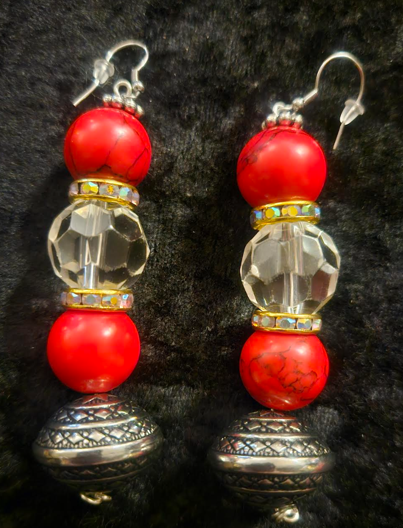 Red Magnesite Faux Crystal & Tribal Bicone Beaded Drop Pierced Earr