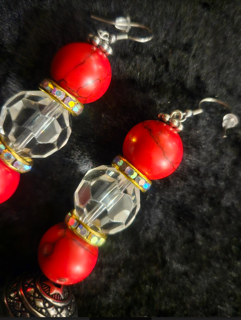 Red Magnesite Faux Crystal & Tribal Bicone Beaded Drop Pierced Earr