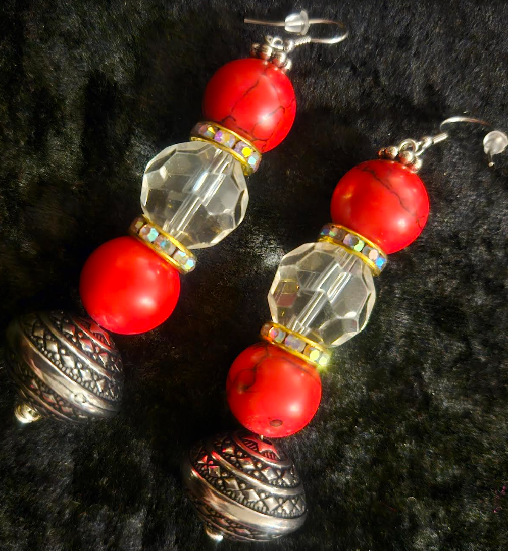 Red Magnesite Faux Crystal & Tribal Bicone Beaded Drop Pierced Earr
