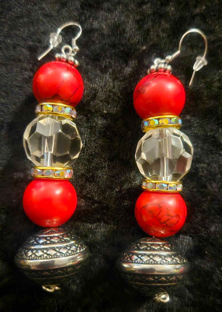 Red Magnesite Faux Crystal & Tribal Bicone Beaded Drop Pierced Earr