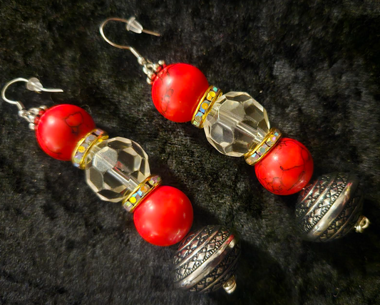 Red Magnesite Faux Crystal & Tribal Bicone Beaded Drop Pierced Earr
