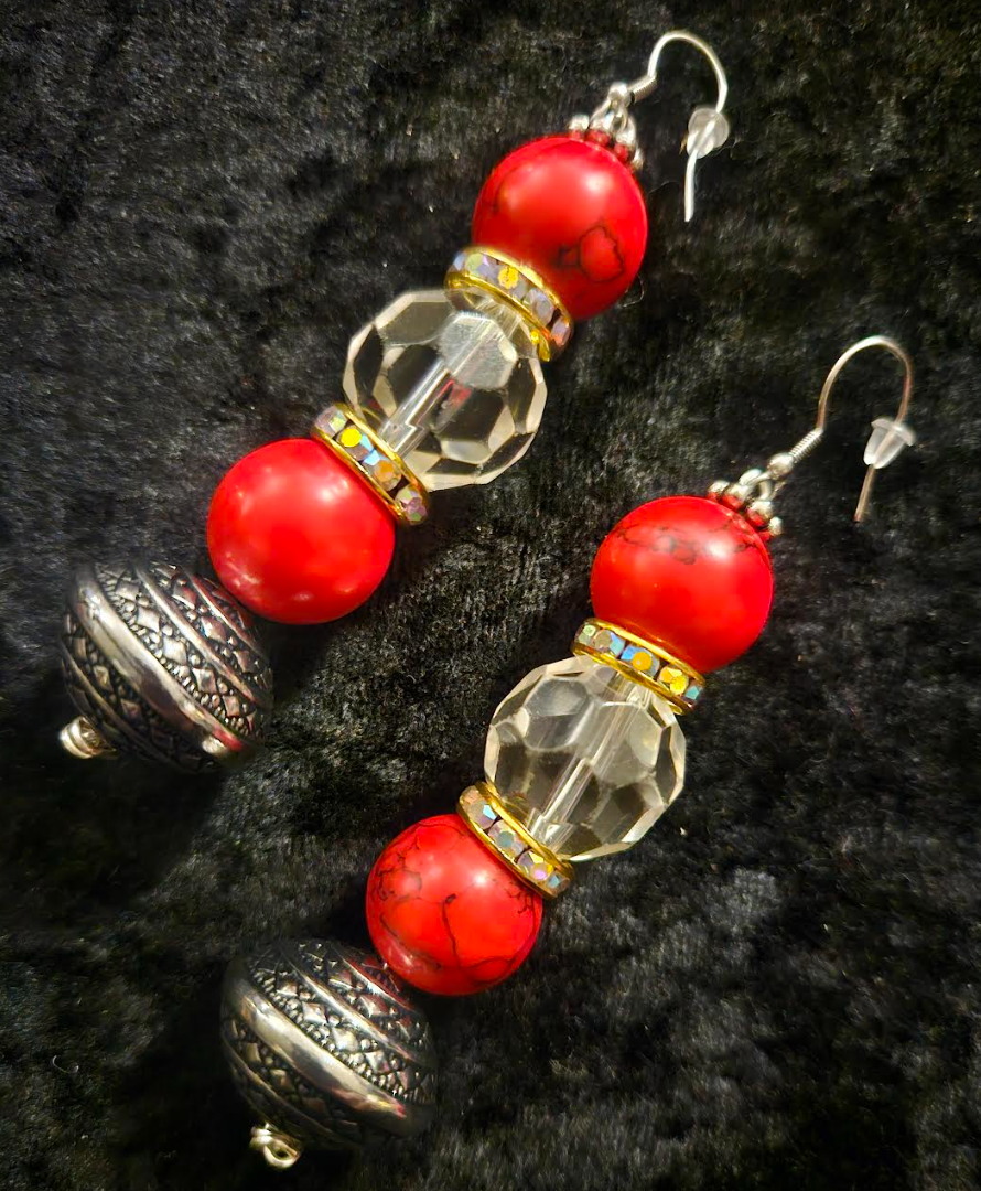 Red Magnesite Faux Crystal & Tribal Bicone Beaded Drop Pierced Earr