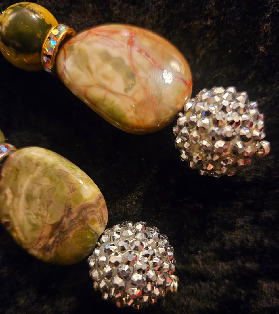 Rainforest Jasper & Faux Crystal Drop Pierced Statement Earrings Rhy