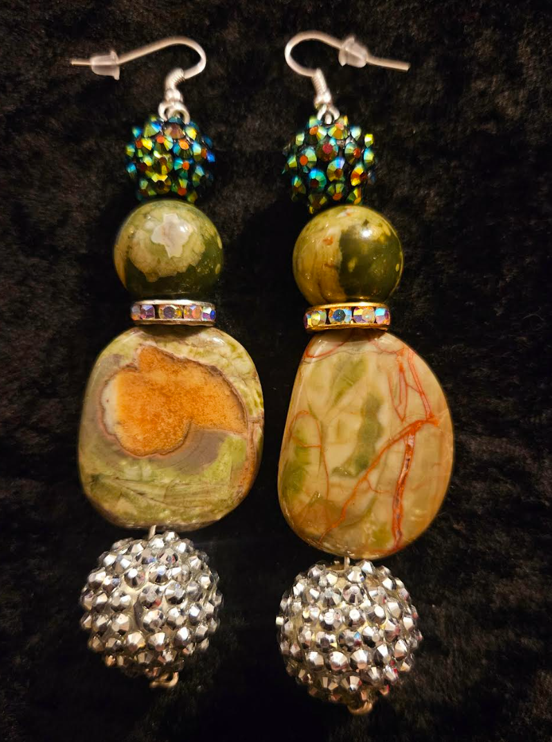 Rainforest Jasper & Faux Crystal Drop Pierced Statement Earrings Rhy