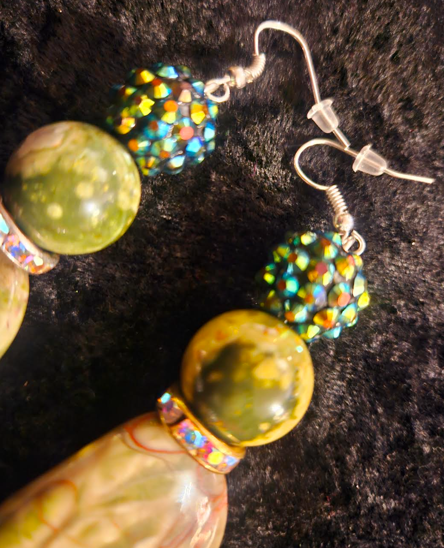 Rainforest Jasper & Faux Crystal Drop Pierced Statement Earrings Rhy