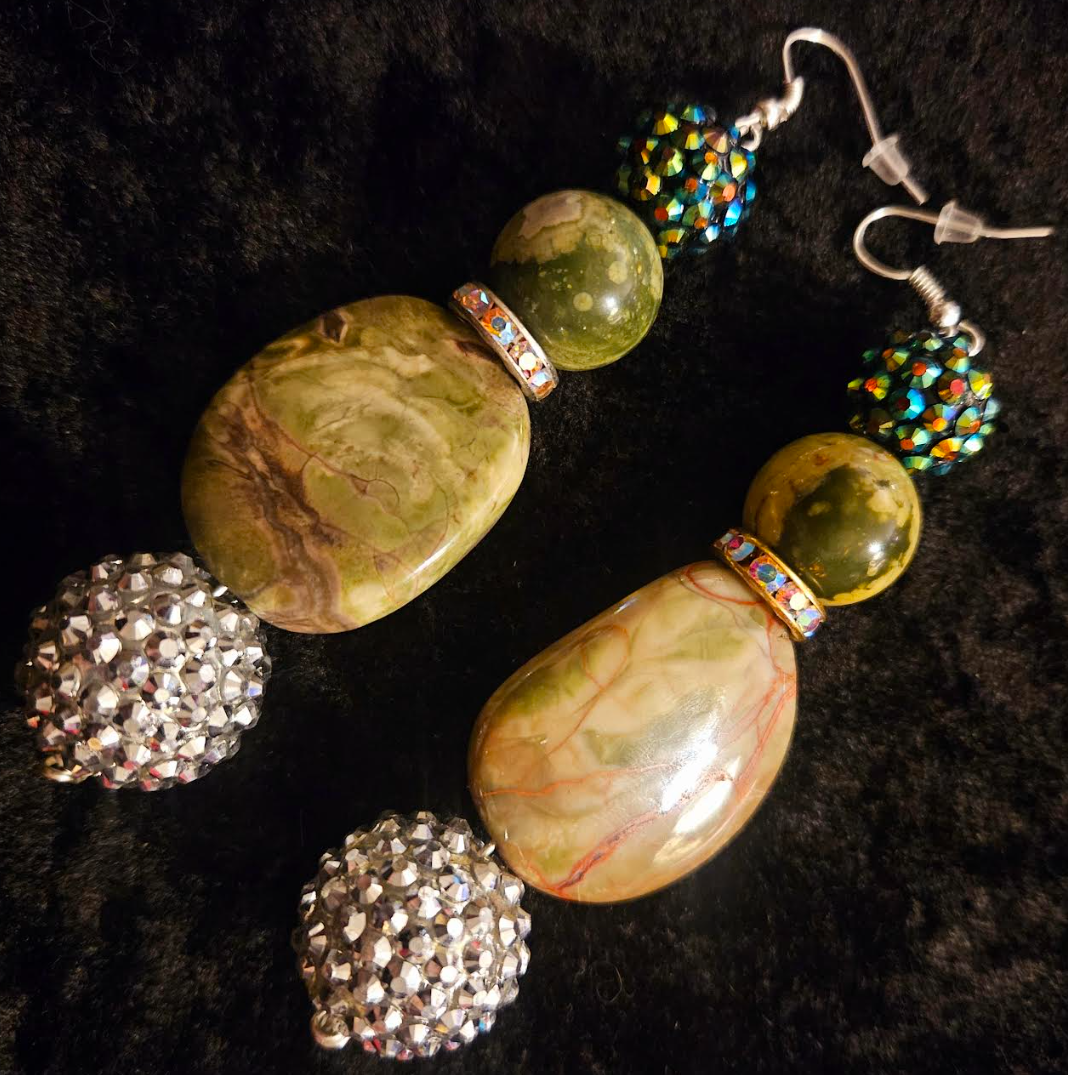Rainforest Jasper & Faux Crystal Drop Pierced Statement Earrings Rhy