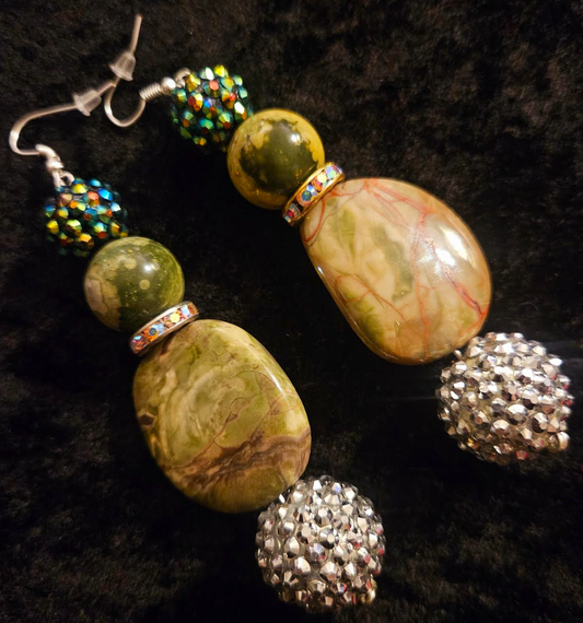 Rainforest Jasper & Faux Crystal Drop Pierced Statement Earrings Rhy