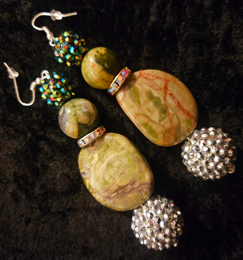 Rainforest Jasper & Faux Crystal Drop Pierced Statement Earrings Rhy