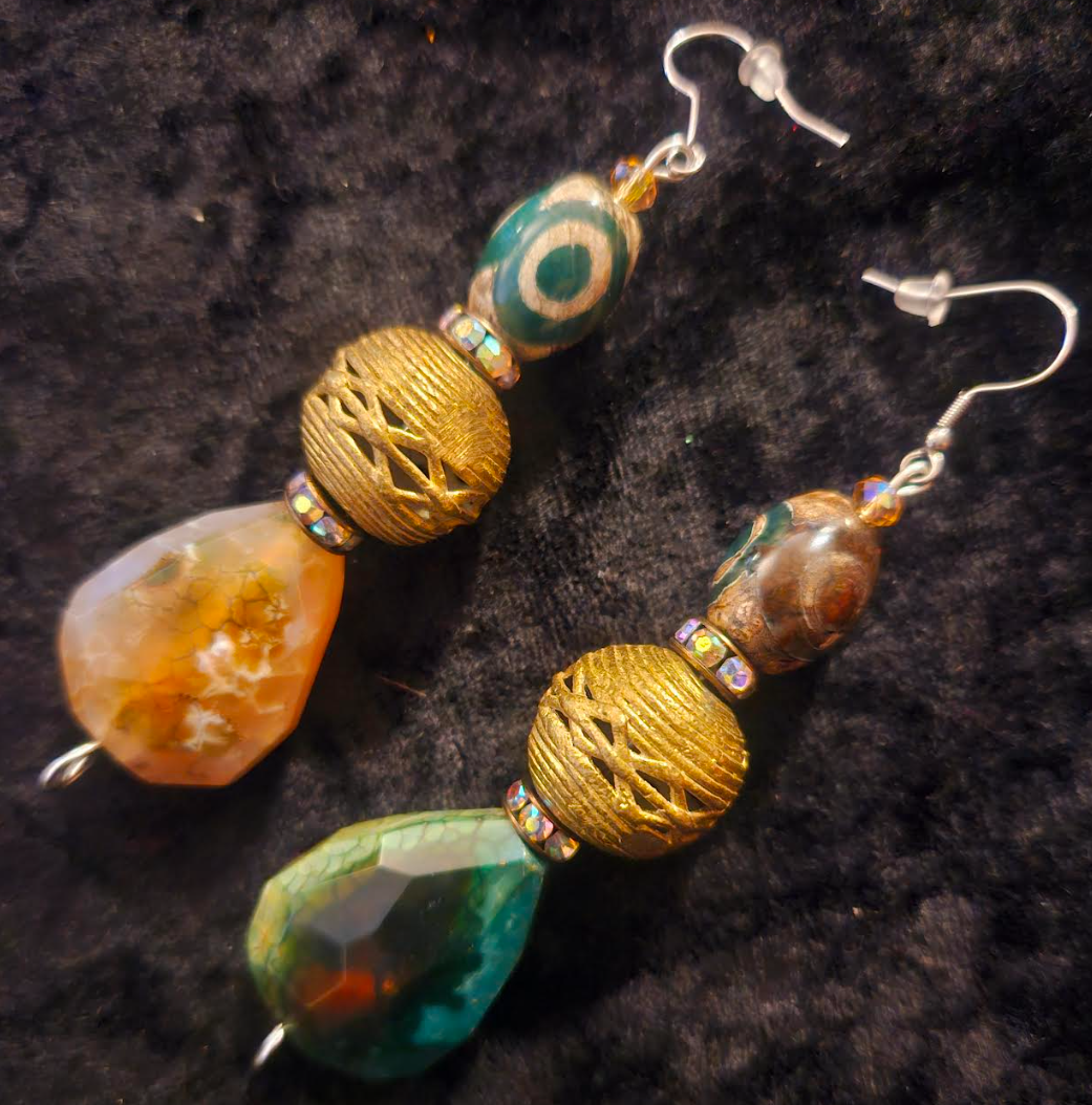 Earthy Agate Teardrop & Lost Wax Brass Dangle Statement Earrings Ear