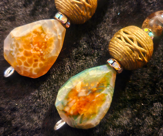 Earthy Agate Teardrop & Lost Wax Brass Dangle Statement Earrings Ear
