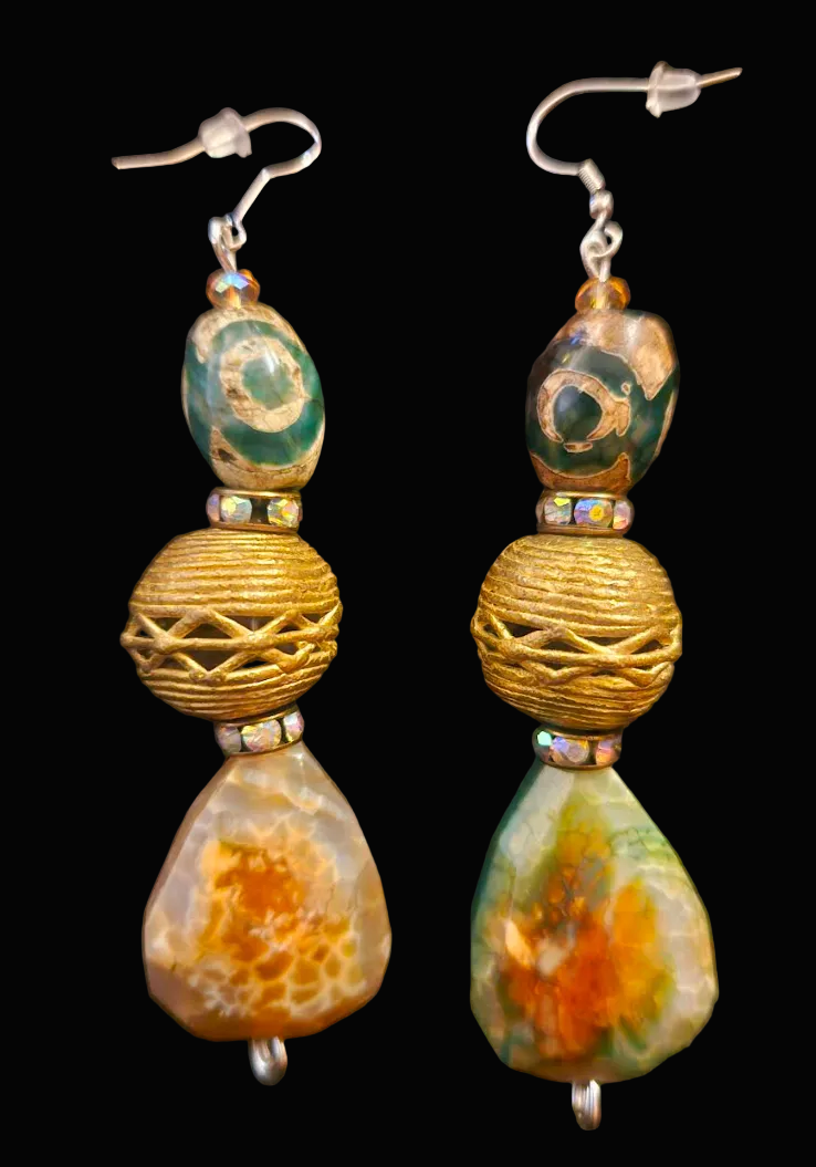 Earthy Agate Teardrop & Lost Wax Brass Dangle Statement Earrings