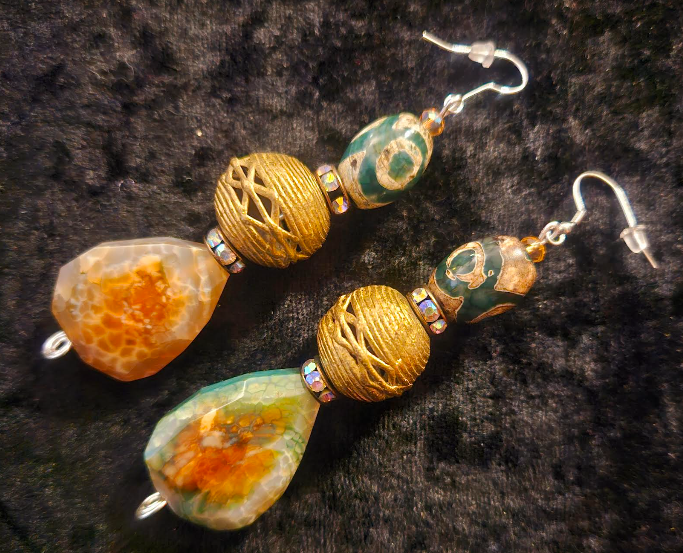 Earthy Agate Teardrop & Lost Wax Brass Dangle Statement Earrings Ear