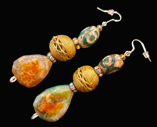Earthy Agate Teardrop & Lost Wax Brass Dangle Statement Earrings
