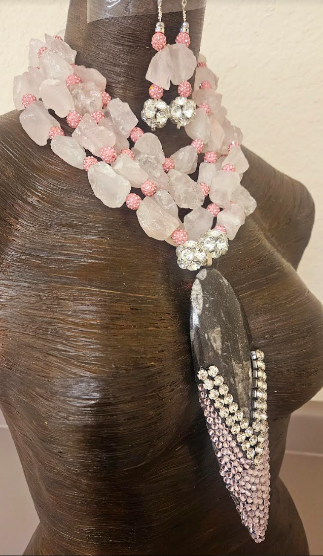 Rose Quartz & Rhinestone Orthoceras Neck Candy - Collectors who Command