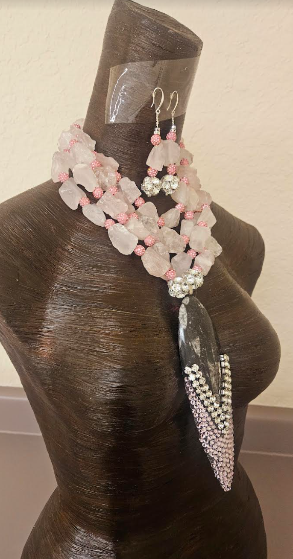 Rose Quartz & Rhinestone Orthoceras Neck Candy - Collectors who Command