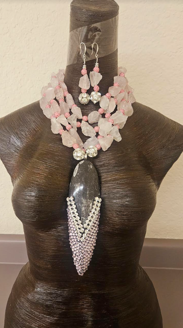 Rose Quartz & Rhinestone Orthoceras Neck Candy - Collectors who Command