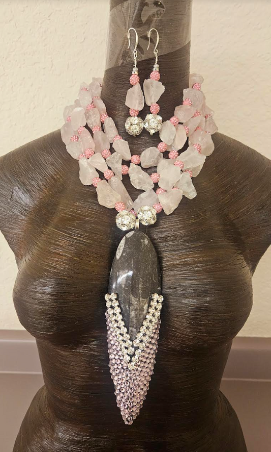 Rose Quartz Necklace - Rhinestone Fossil Statement Piece
