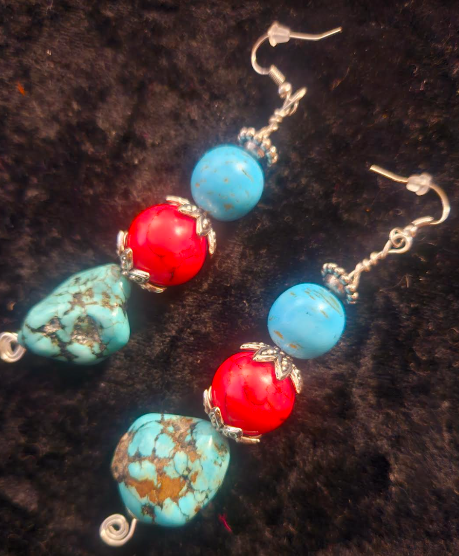 Red & Blue Magnesite Beaded Dangle Pierced Statement Earrings Faux T