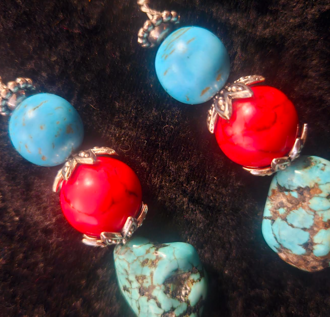 Red & Blue Magnesite Beaded Dangle Pierced Statement Earrings Faux T