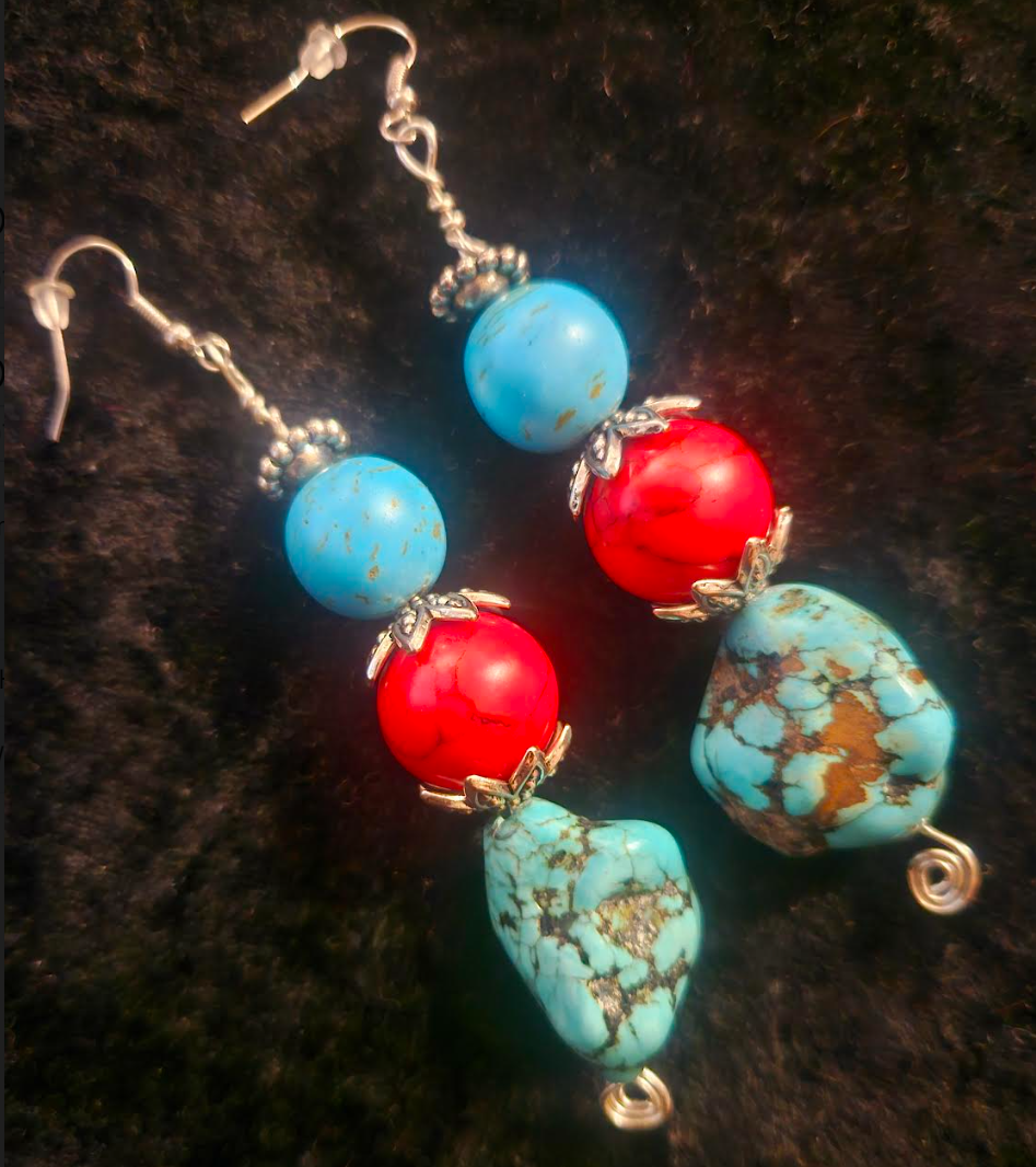 Red & Blue Magnesite Beaded Dangle Pierced Statement Earrings Faux T