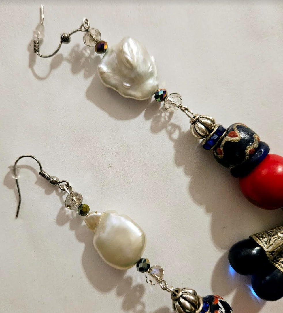 Tibetan Blue Glass Teardrop Shoulder Duster Statement Earrings Red W