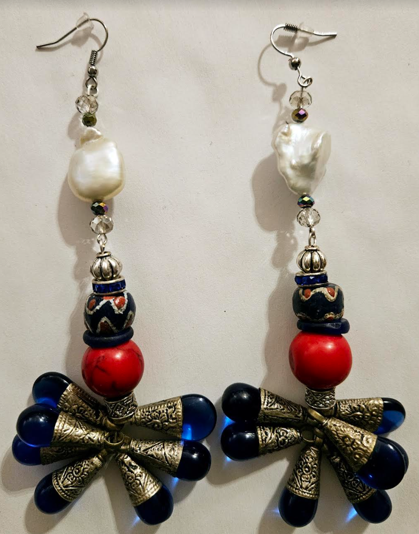 Tibetan Blue Glass Teardrop Shoulder Duster Statement Earrings Red W