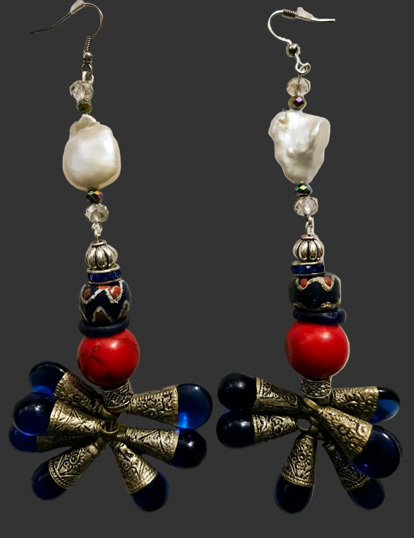 Tibetan Blue Glass Teardrop Tribal Shoulder Duster Statement Earrings
