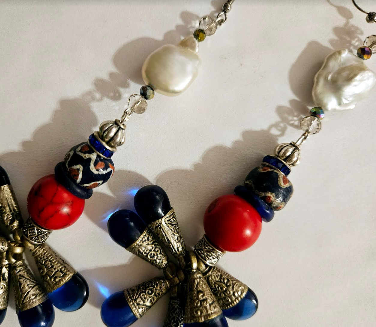 Tibetan Blue Glass Teardrop Shoulder Duster Statement Earrings Red W